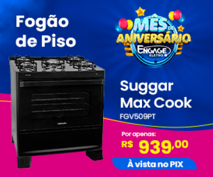 Mês de Aniversário Fogão de Piso Suggar Max Cook 5 bocas bivolt preto em oferta da loja Engage Eletro